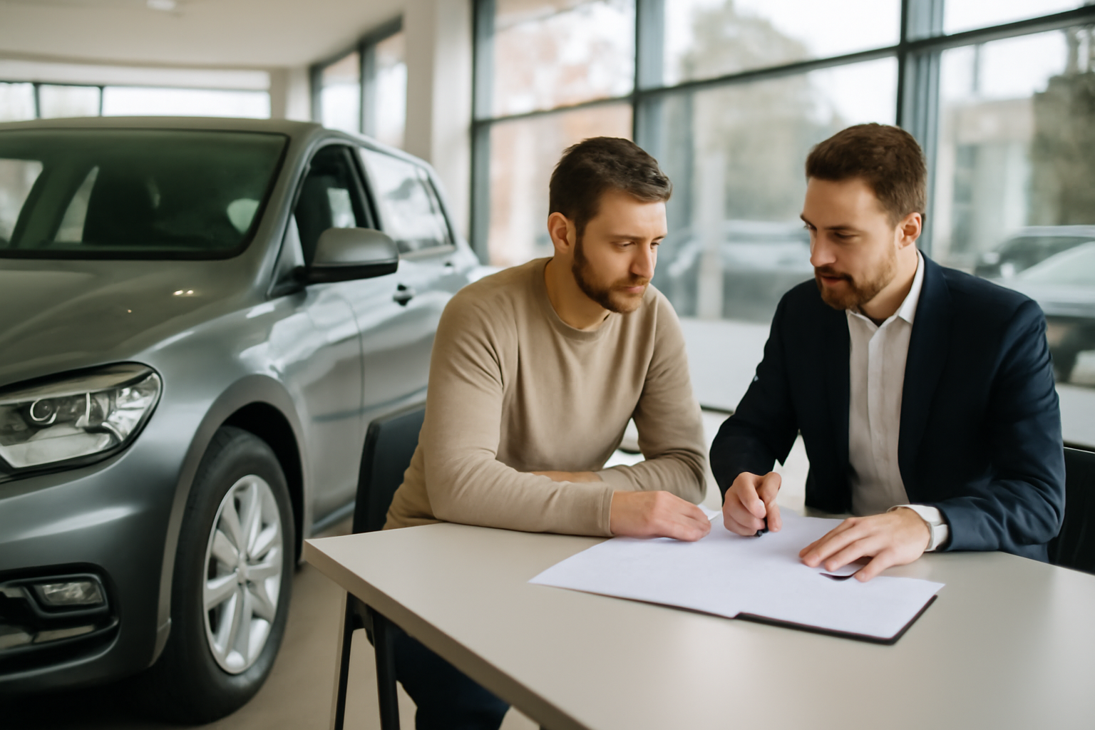 avantage loa : conducteur examinant un contrat de location avec option d’achat au showroom, lumière naturelle