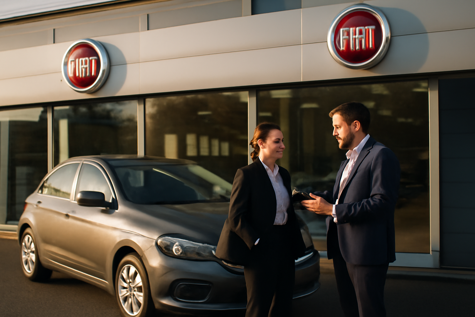 fiat dealership près de chez vous : concessionnaire Fiat avec conseiller et véhicule en vitrine