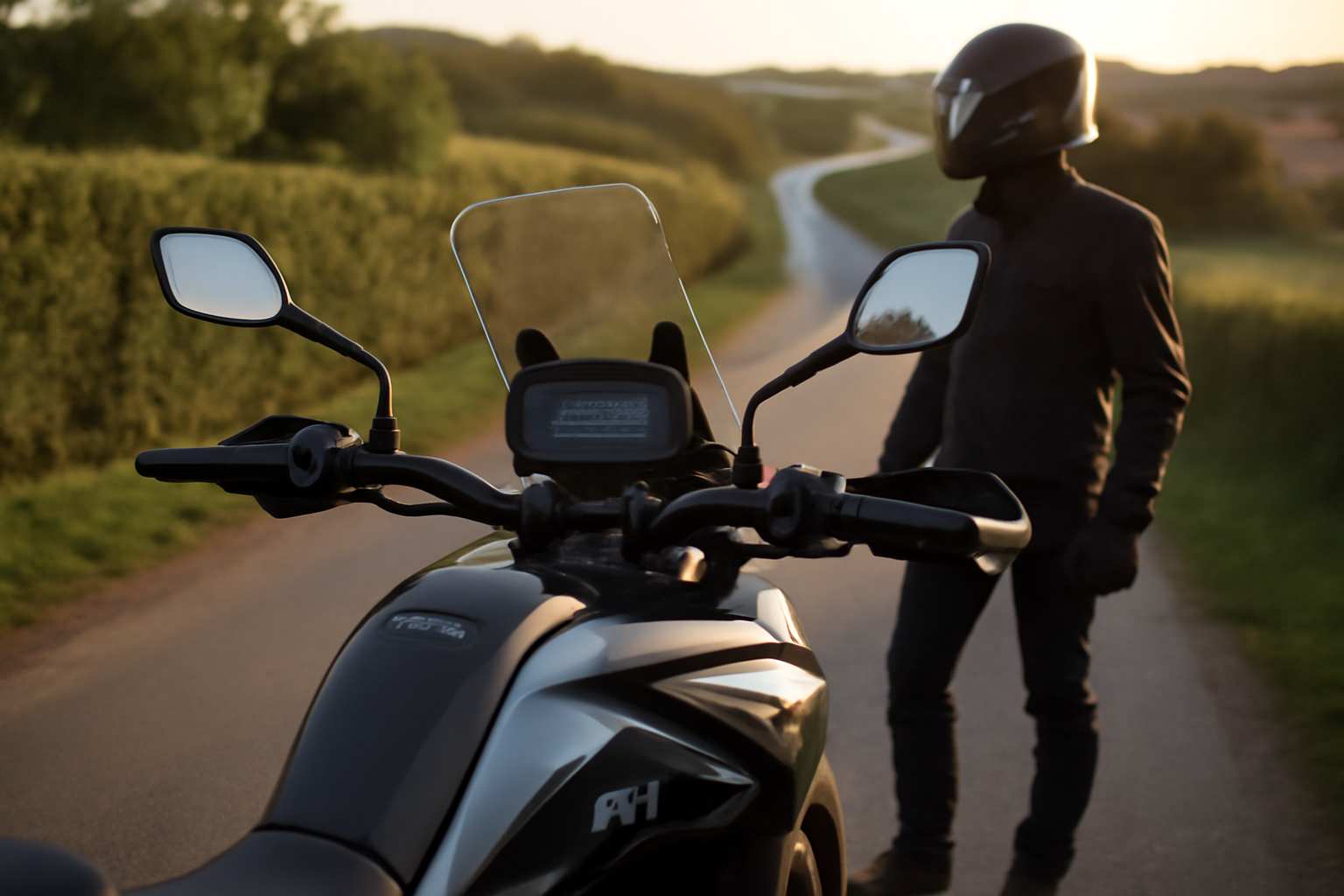 309	cf moto 450 mt, CFMOTO 450MT Trail compacte au bord d’une route secondaire, lumière de fin d’après-midi