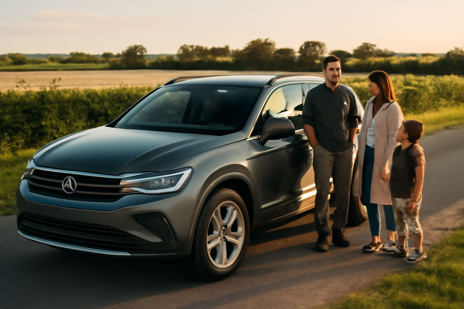 50 tiguan 2025 au bord d’une route en France, vue trois-quarts avant, lumière de fin d’après-midi