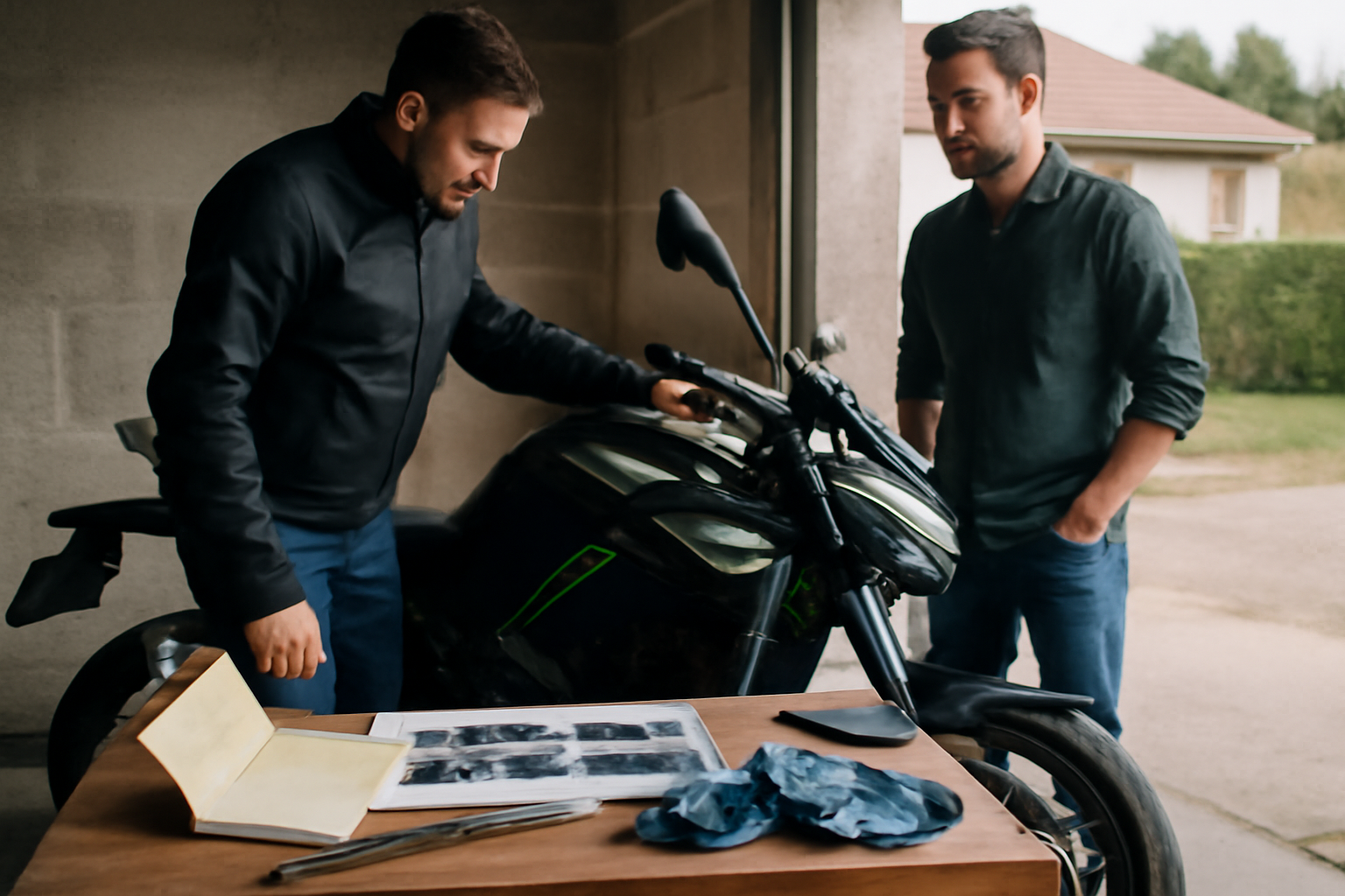 Kawasaki Z900 d’occasion inspectée, carte grise et pneus sur établi, lumière naturelle