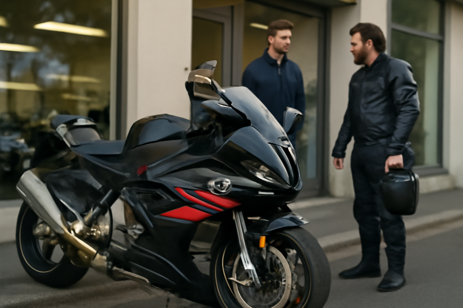 86 m1000rr BMW M 1000 RR garée devant un concessionnaire, lumière du matin, photo réaliste