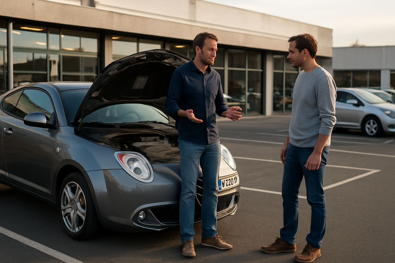 Alfa Romeo MiTo d’occasion sur un parking, contrôle visuel avant achat
