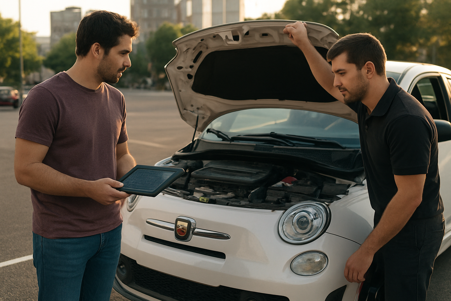 Contrôle d’une Fiat 500 Abarth automatique d’occasion lors d’un essai sur route, avec relevé des symptômes de passage de rapports