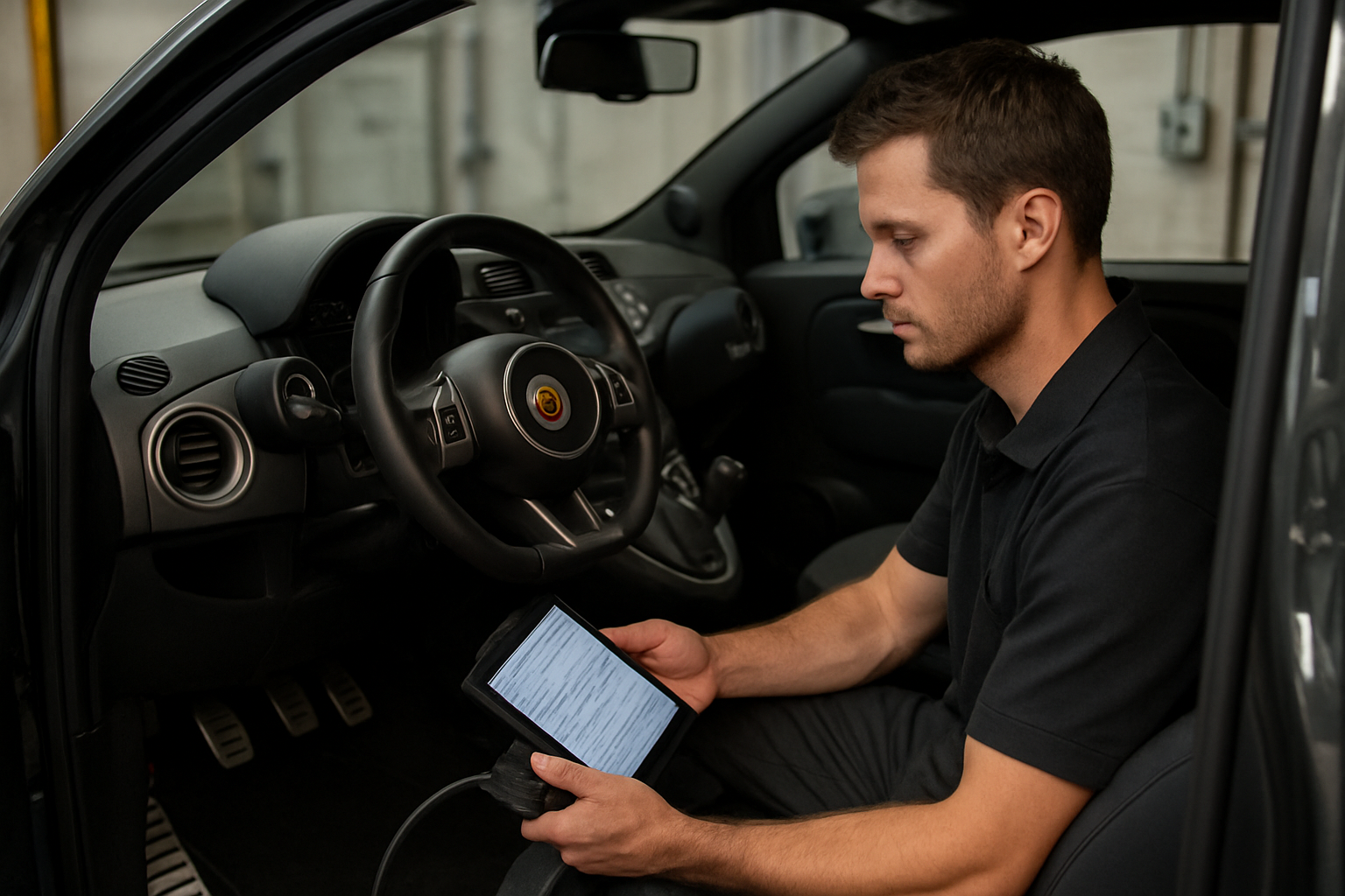 Diagnostic OBD sur une Fiat 500 Abarth automatique d’occasion avant achat, relevé des défauts et historique