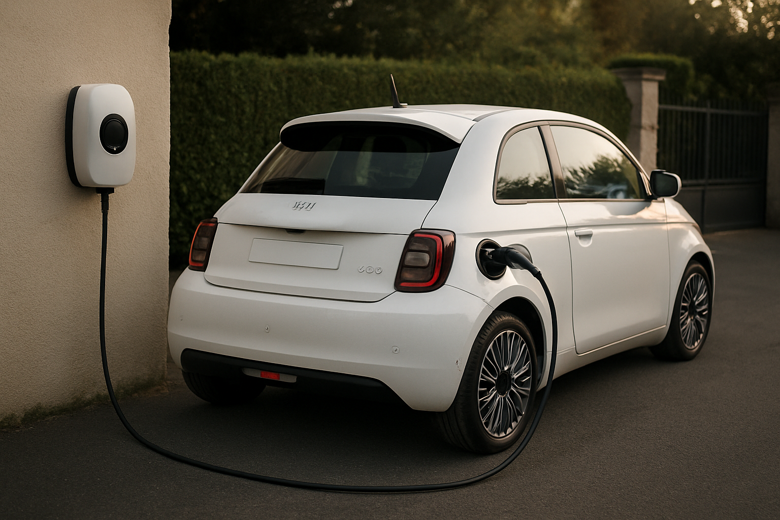Fiat 500 électrique garée devant une maison avec câble de recharge AC mural