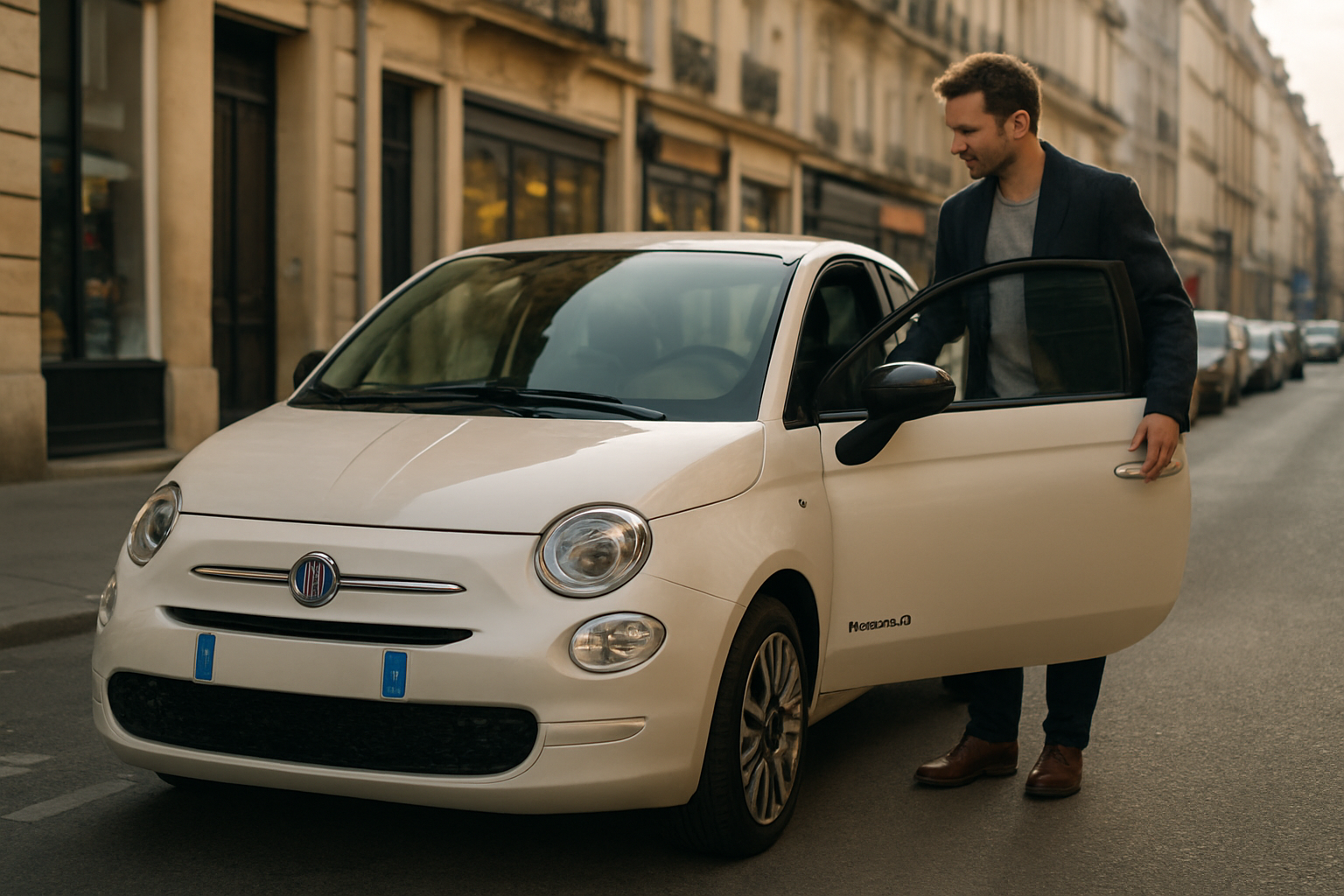 Fiat 600 hybride micro-hybride 48 V dans une rue urbaine en France, conducteur au volant, lumière de fin d’après-midi