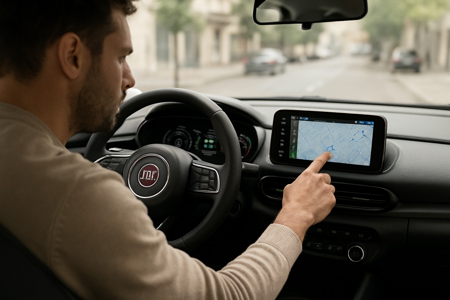 Tableau de bord et écran d’infodivertissement d’une Fiat 600 hybride en ville, vue réaliste depuis le siège conducteur