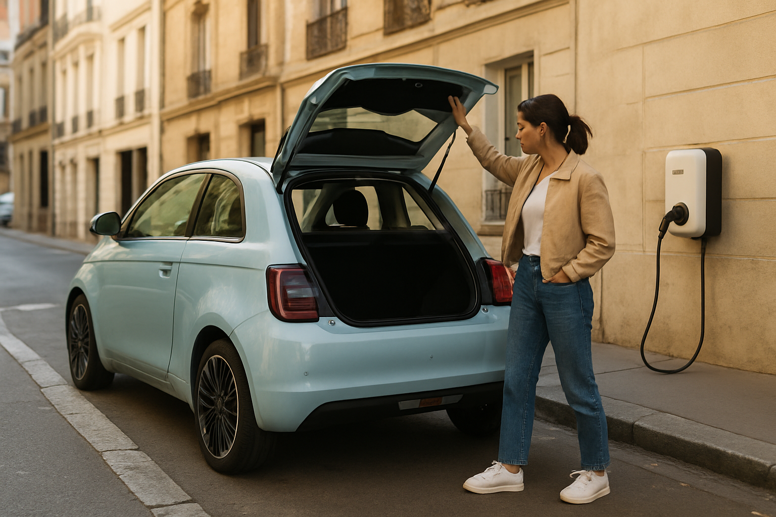 Fiat électrique en ville devant une borne de recharge, lumière de fin d’après-midi