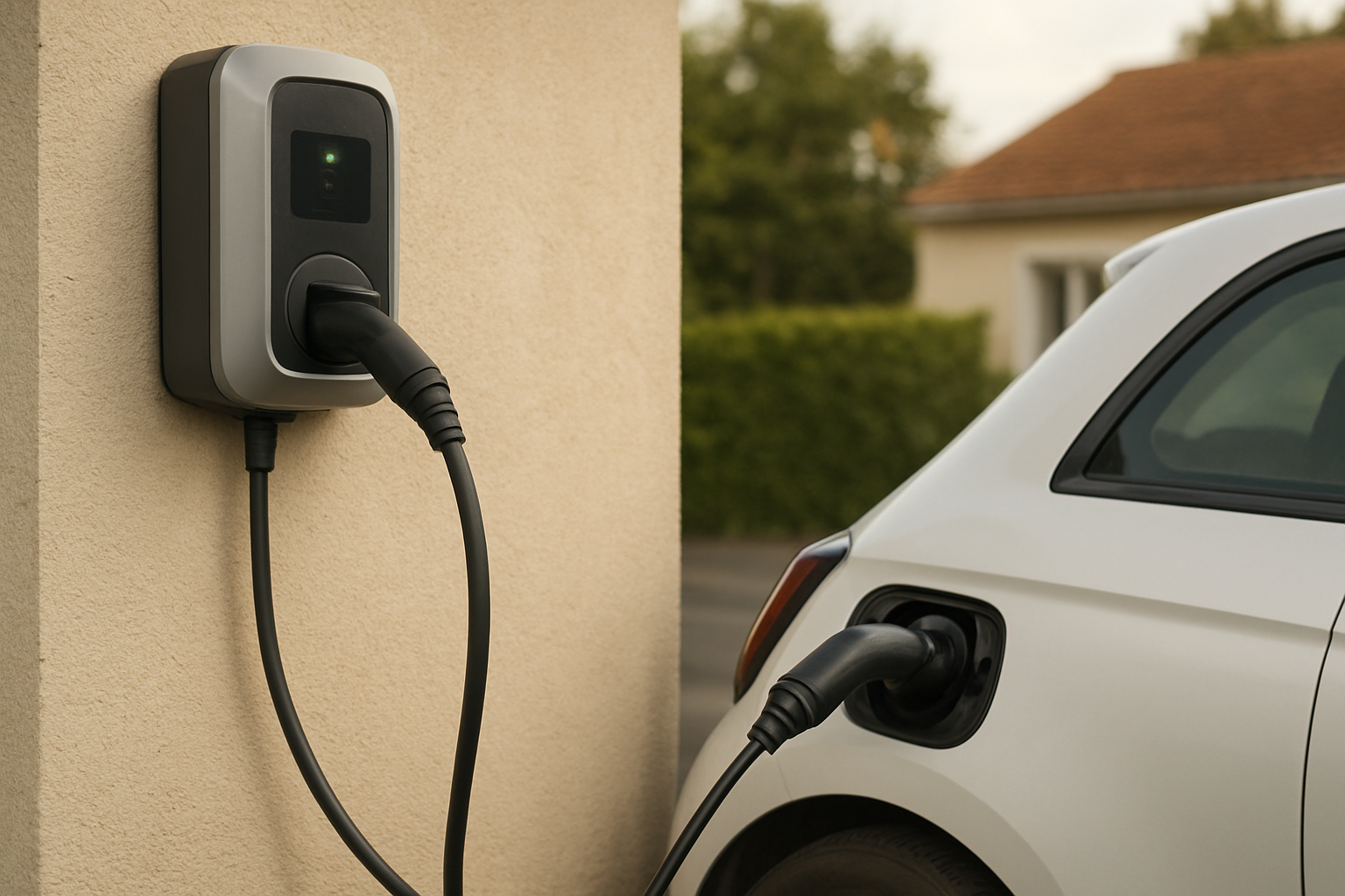 Vue rapprochée d’une prise de recharge renforcée pour une voiture électrique Fiat à domicile