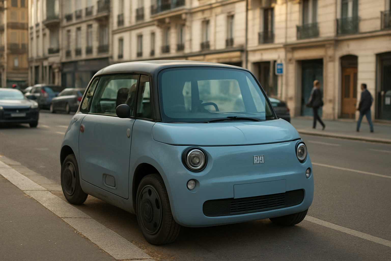 Fiat Topolino électrique garée en ville, lumière de fin d’après-midi