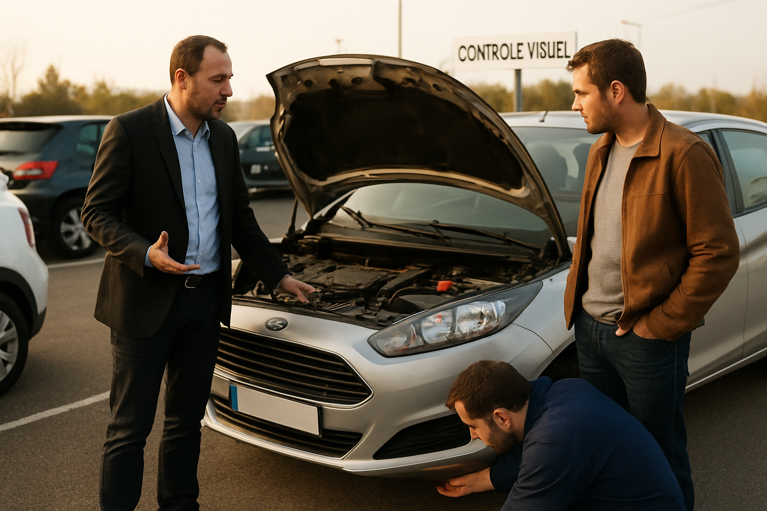 Ford Fiesta d’occasion sur un parking, mécanicien vérifiant pneus et freins, lumière naturelle