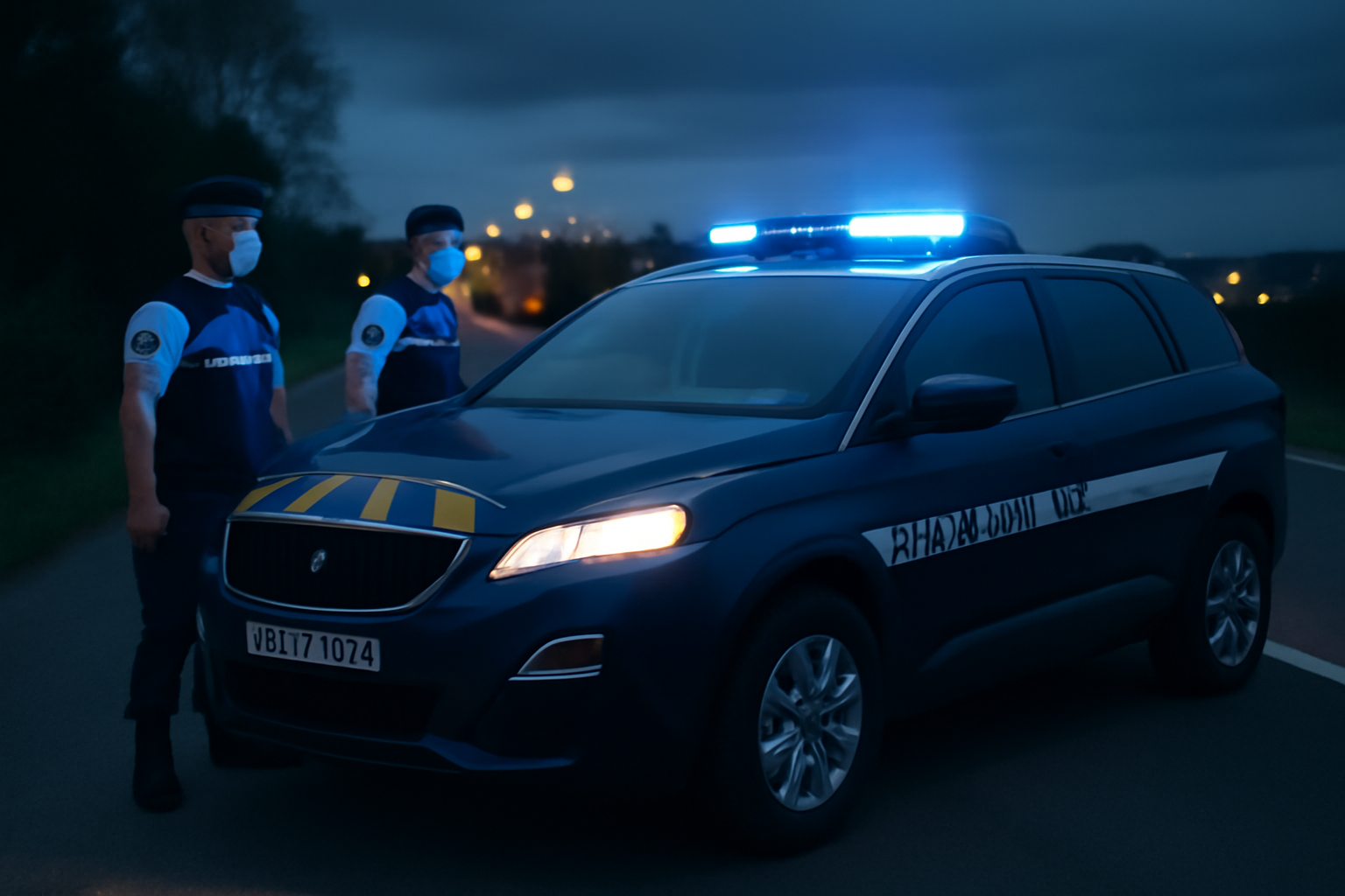 gendarmerie voiture sur route française, patrouille de nuit avec SUV banalisé et gyrophares