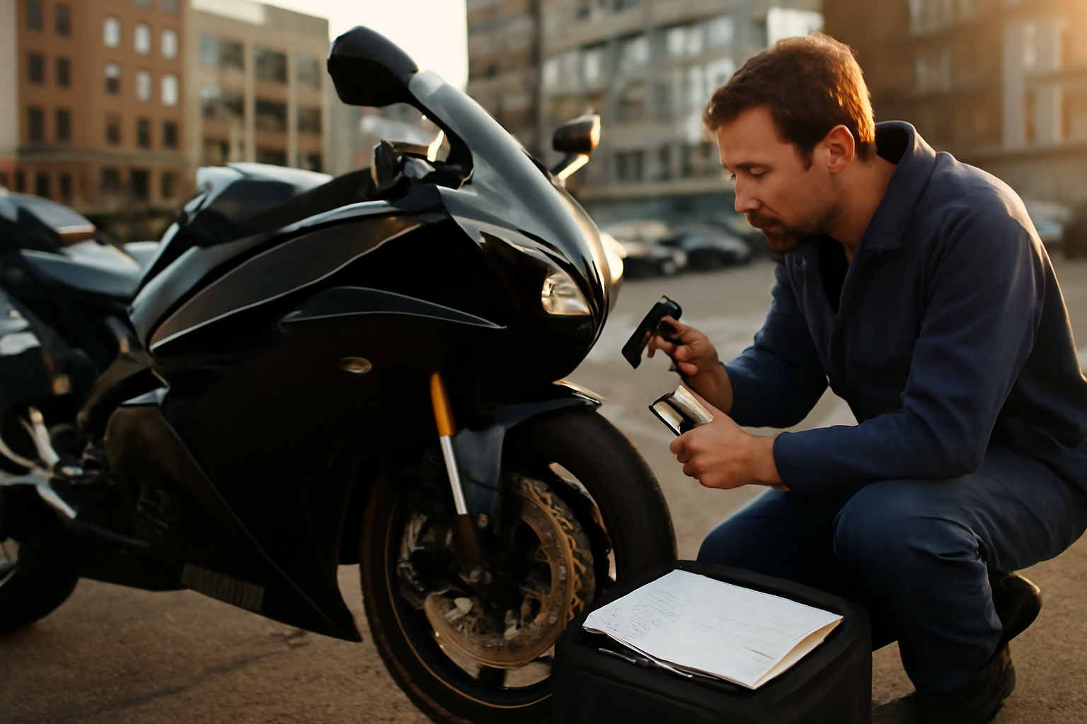 Yamaha R1 d’occasion sur un parking, contrôles visibles avant achat