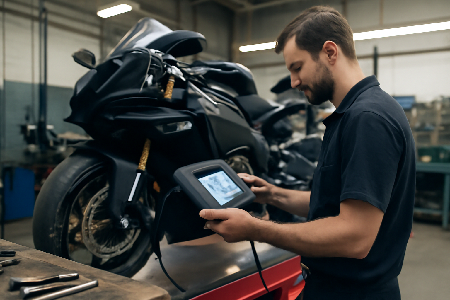 Contrôle d’une Yamaha R1 avant achat par un mécanicien avec valise de diagnostic