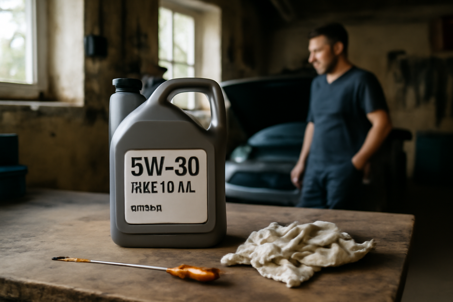 Bidon d’huile 5W30 sur l’établi, étiquette lisible avec norme ACEA C2 et C3, lumière naturelle dans un garage, mécanicien en arrière-plan