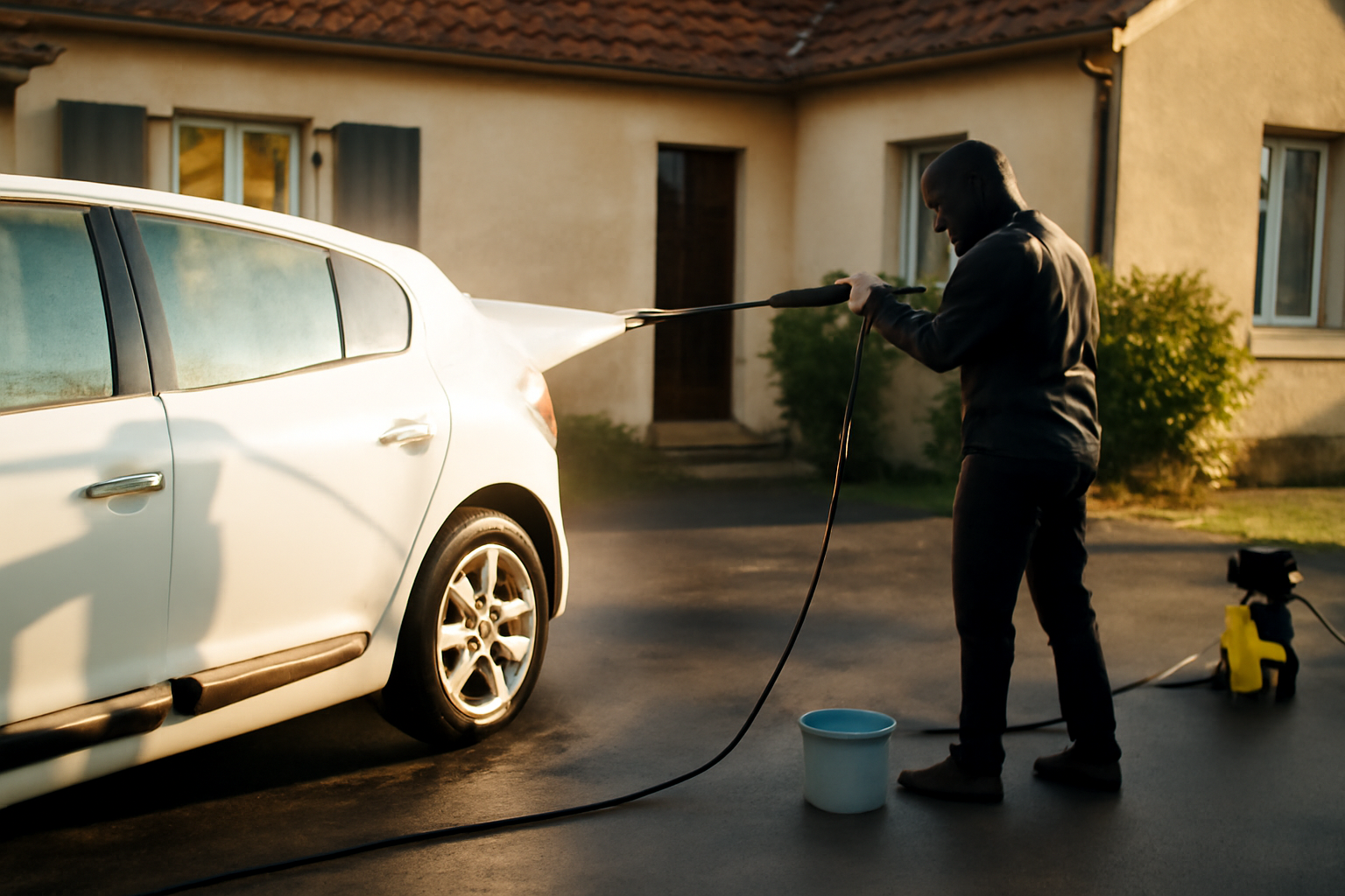 laveur de voiture nettoyant une carrosserie avec lance et microfibres