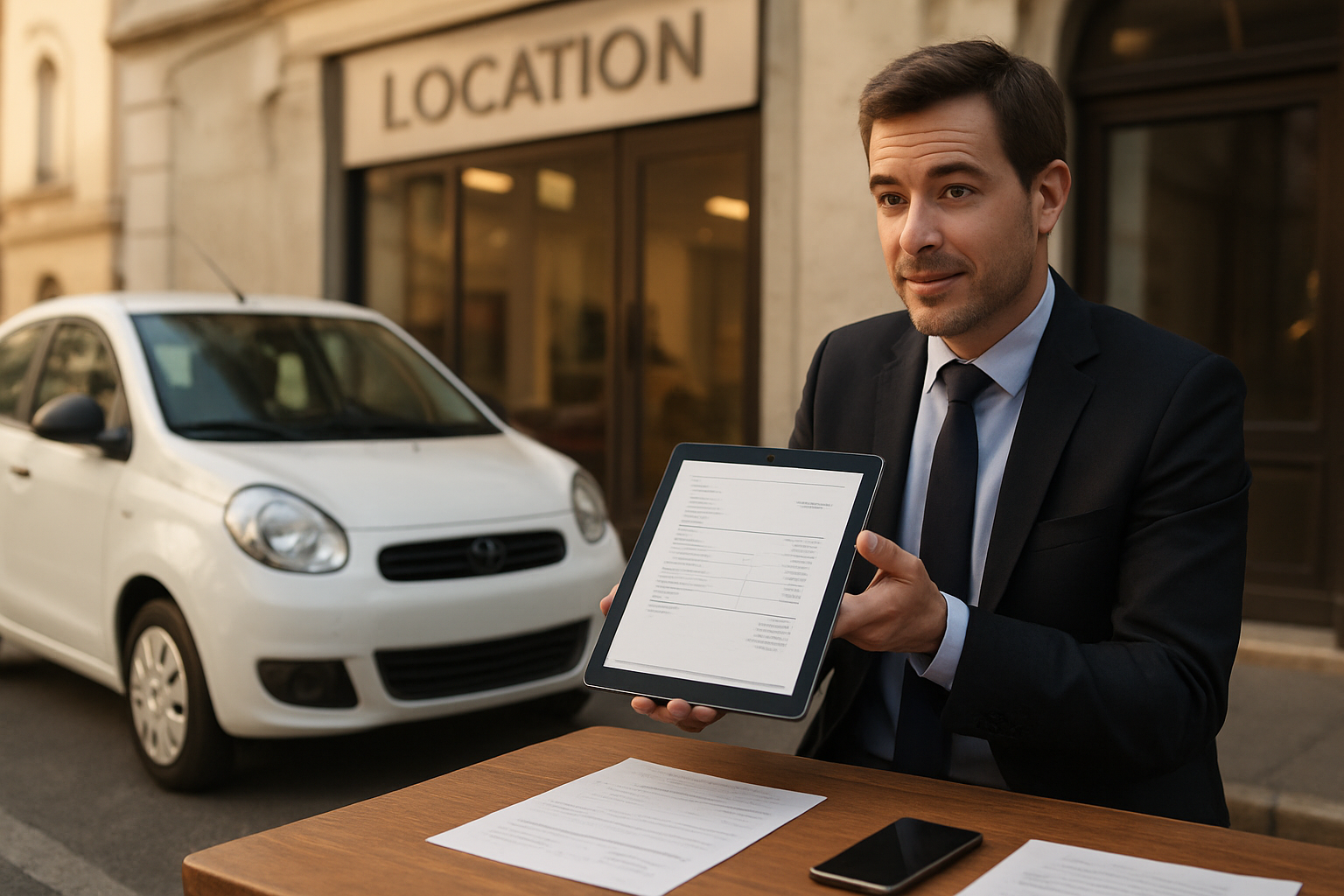 Une voiture sans permis garée devant une agence, documents de location sur une table, lumière de fin d’après-midi