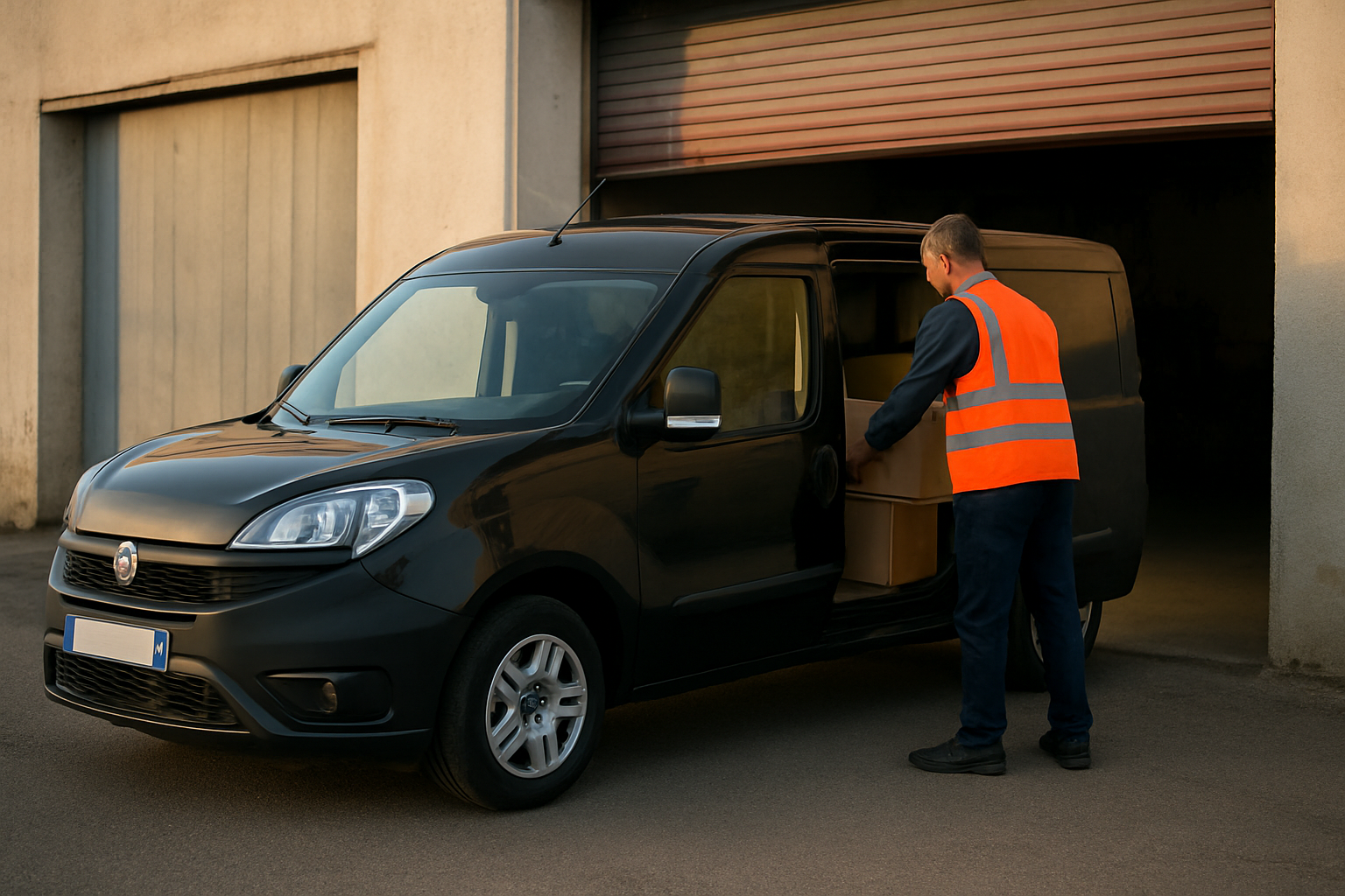 Fiat Doblo utilitaire noir garé devant un entrepôt, portes latérales ouvertes et chargement en cours, lumière de fin d’après-midi