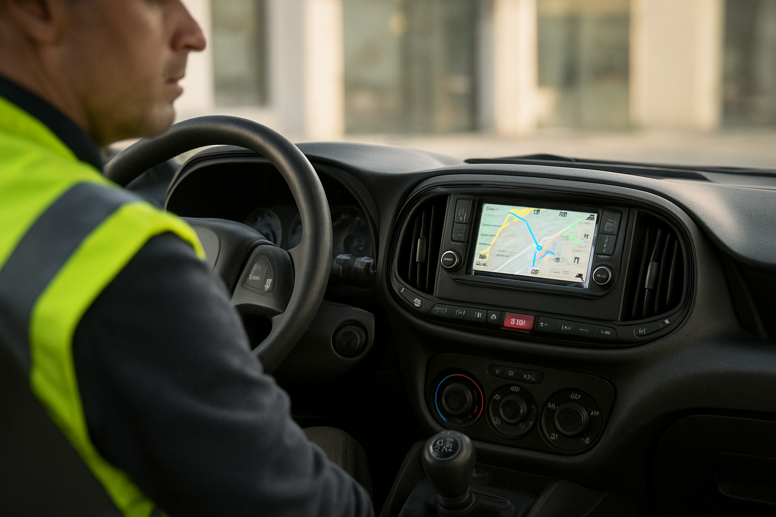 Tableau de bord d’un Fiat Doblo avec écran de navigation et commandes visibles, usage utilitaire, lumière intérieure naturelle