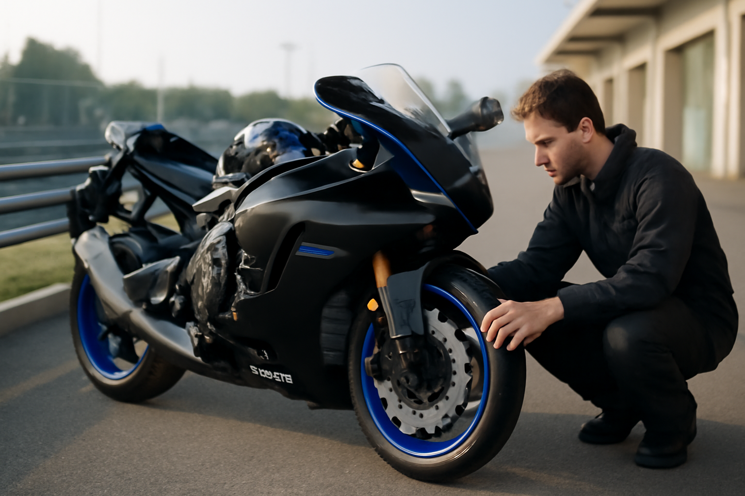 Yamaha R1 2025 stationnée au bord d’une piste, lumière du matin