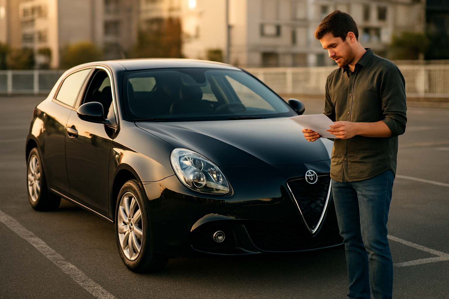 Alfa Giulietta garée sur un parking, badges et éléments d’identification visibles sur la voiture