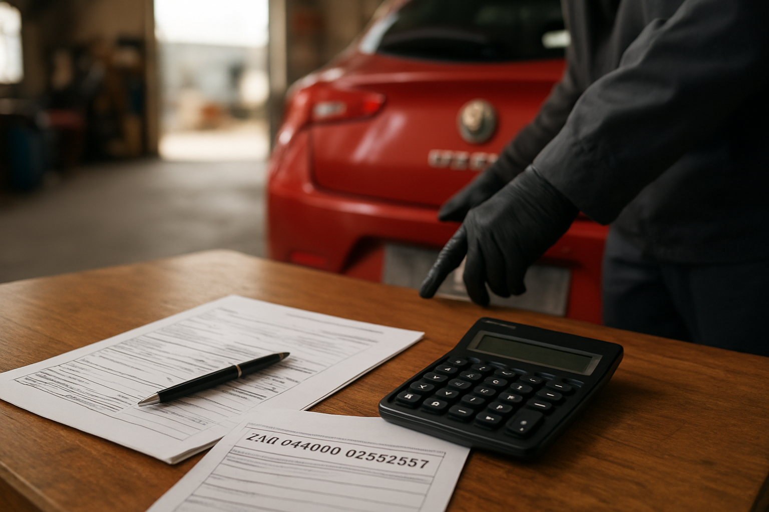 Contrôle VIN et documents d’une Alfa Giulietta sur table, avec photos des badges et calculatrice pour comparer les équipements