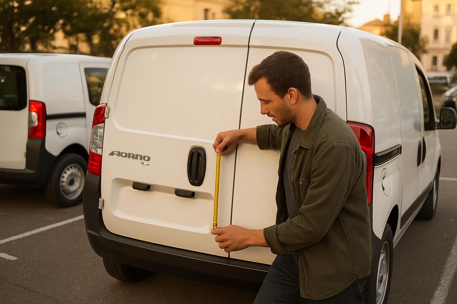 Fiat Fiorino d’occasion Combi et fourgon garés sur un parking, inspection des portes et du chargement