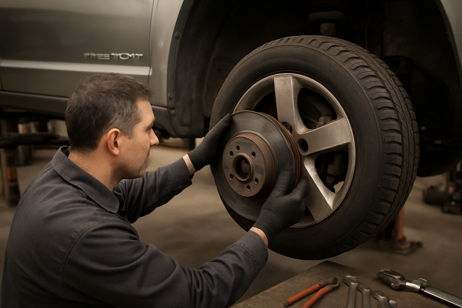 Contrôle des freins et des pneus sur une Fiat Freemont lors d’une inspection avant achat