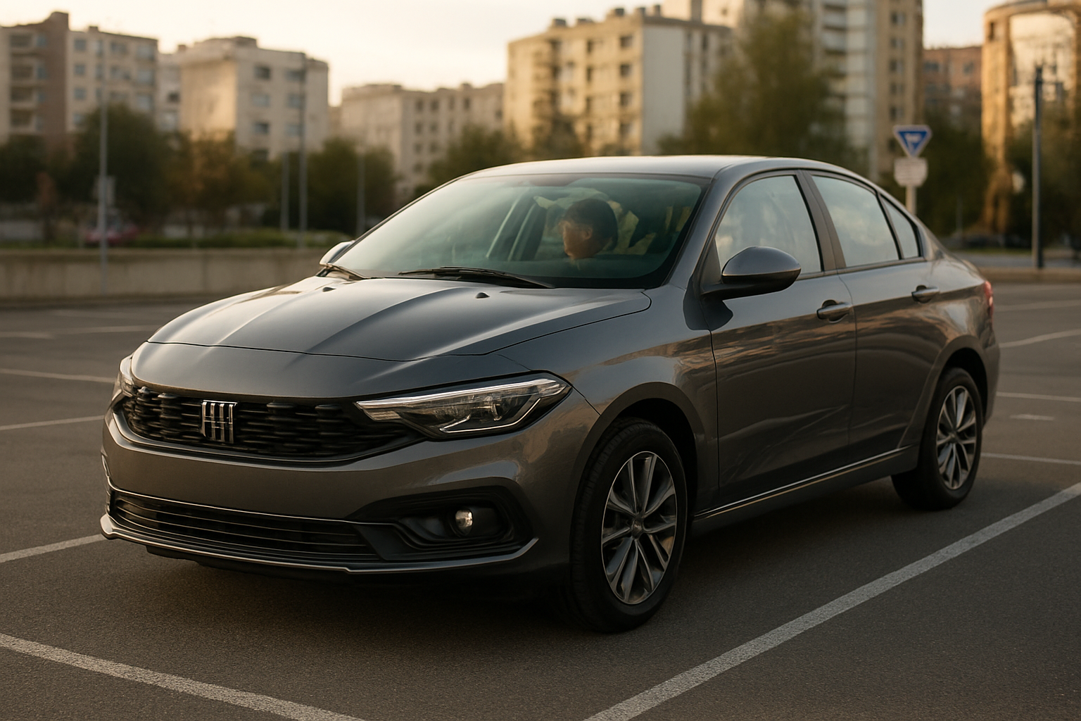 Fiat Tipo 2025 berline 4 portes au premier plan, tableau de bord et écran multimédia visibles, parking urbain en lumière naturelle