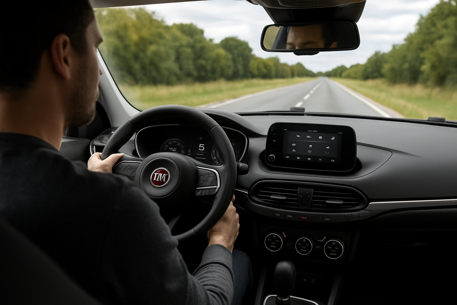 Essai de la Fiat Tipo 2025 sur route, conducteur observant le tableau de bord et la route, ambiance réaliste