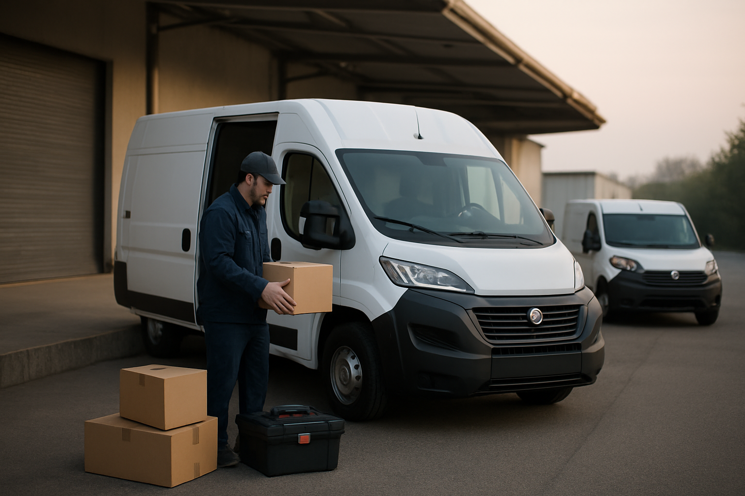Fiat utilitaire fourgon et van professionnels sur un quai de chargement, lumière naturelle